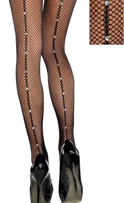 Sale Adult Black Fishnet Pantyhose With Rhinestone Seam Tights