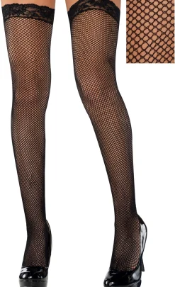 Online Adult Black Fishnet Thigh-High Stockings With Lace Top Tights