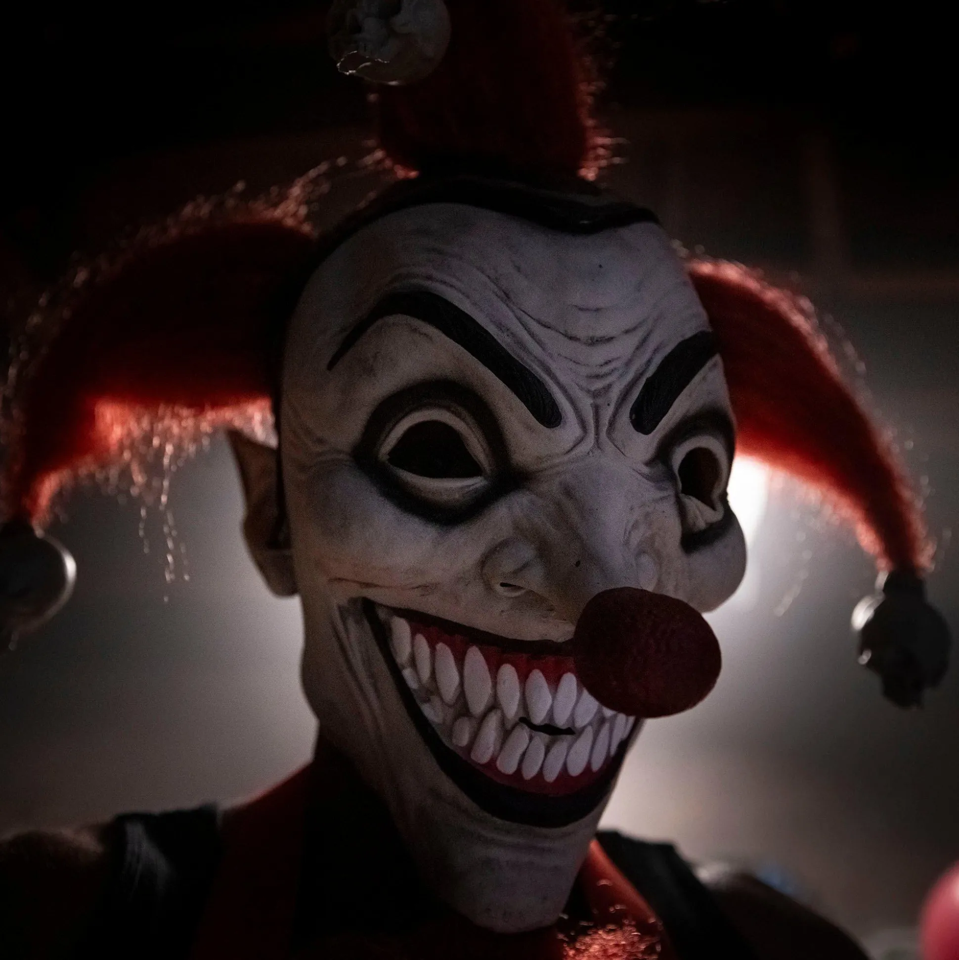 Online Adult Evil Jester Latex Mask With Mini Skulls - Twisted Circus Creepy Clown