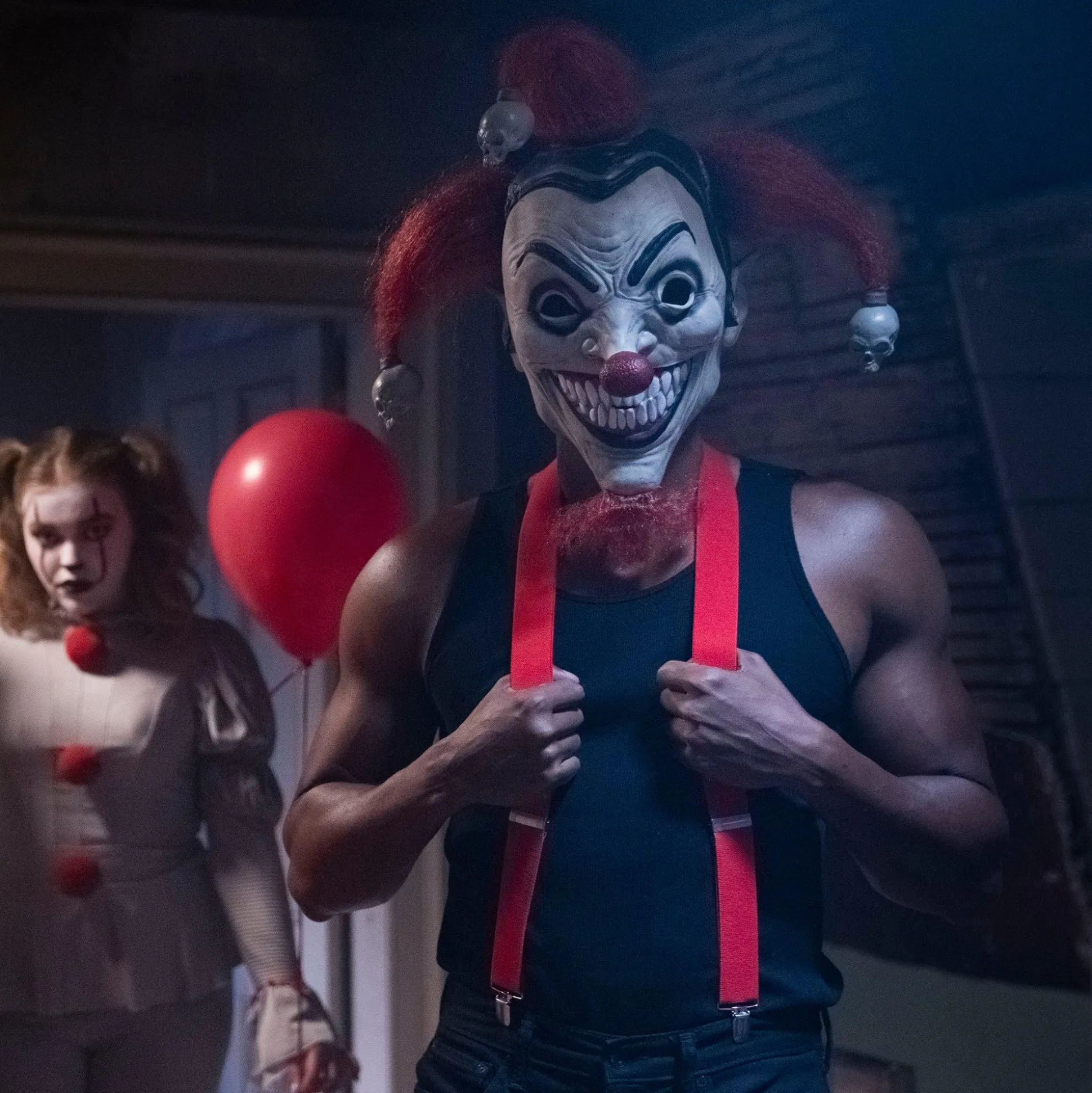 Online Adult Evil Jester Latex Mask With Mini Skulls - Twisted Circus Creepy Clown