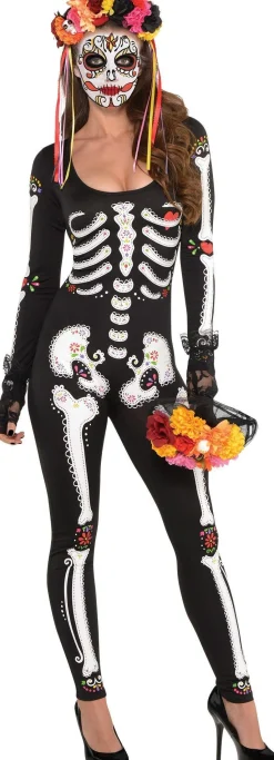 Clearance Adult La Muerta Day Of The Dead Skeleton Catsuit Women Scary