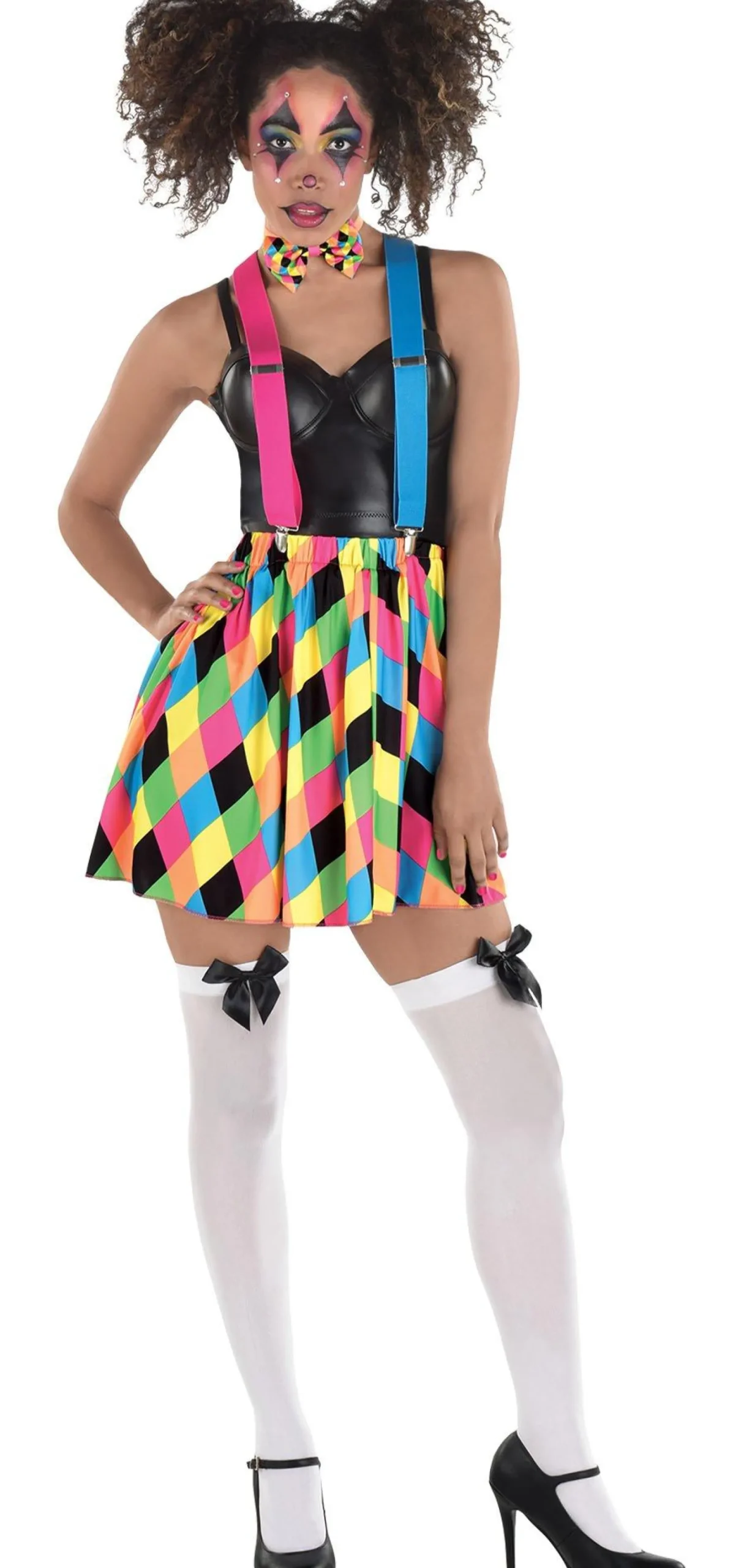 Clearance Adult Neon Harlequin Skirt With Suspenders & Bow Tie - Skater Clown Bodywear