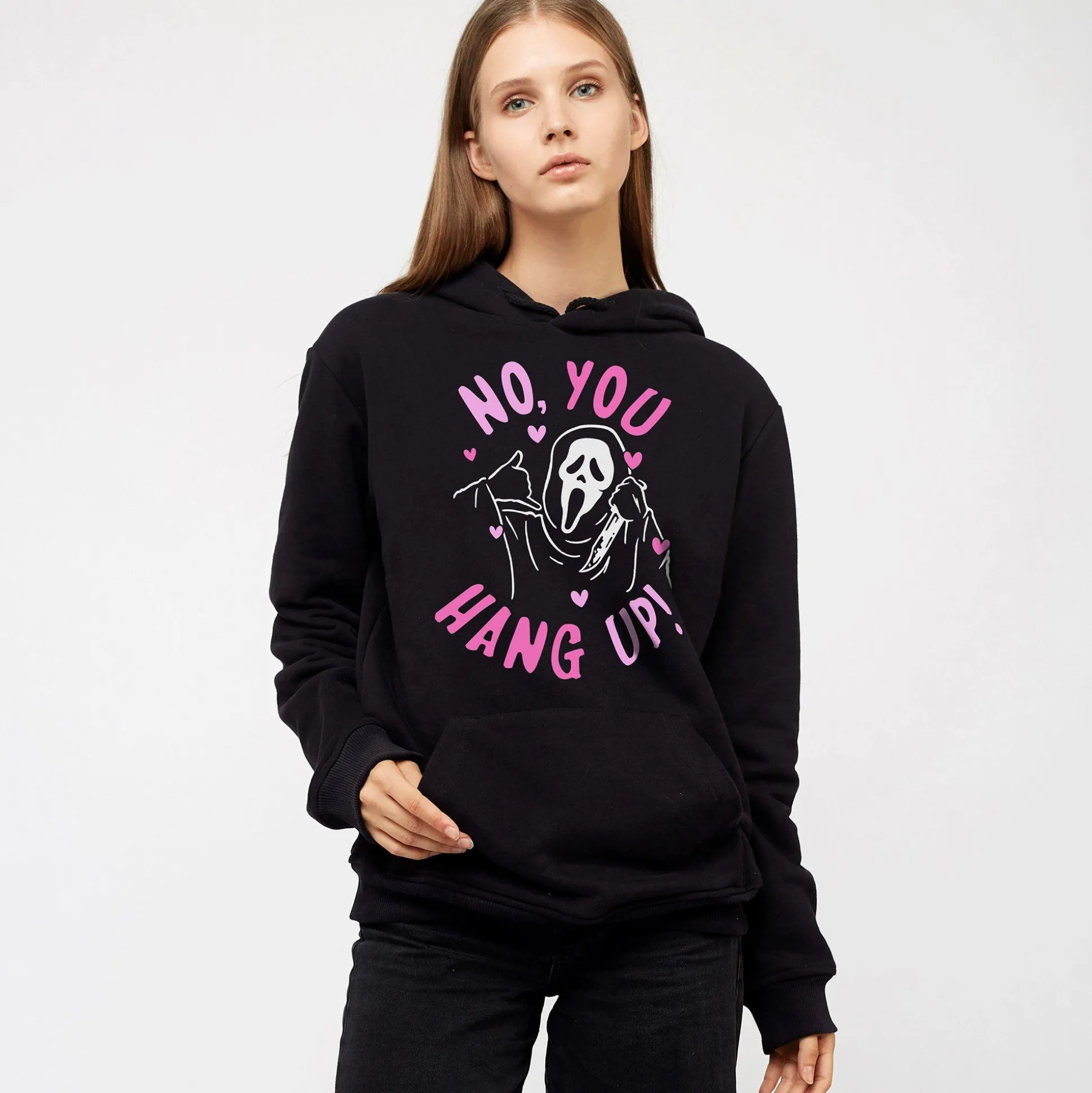 Cheap Adult No, You Hang Up Ghostface Black Cotton & Polyester Hoodie - Scream Women Scary