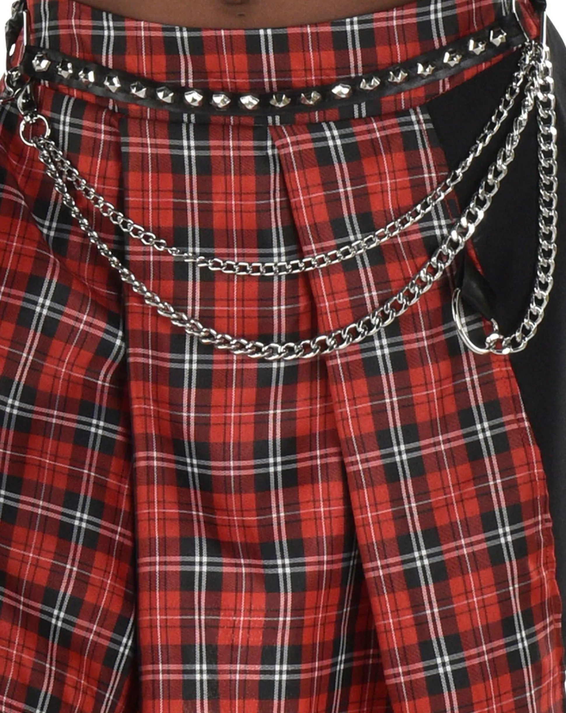 Sale Adult Red Plaid Pleated Skirt With Chain Belt - Punk Tutus, Skirts