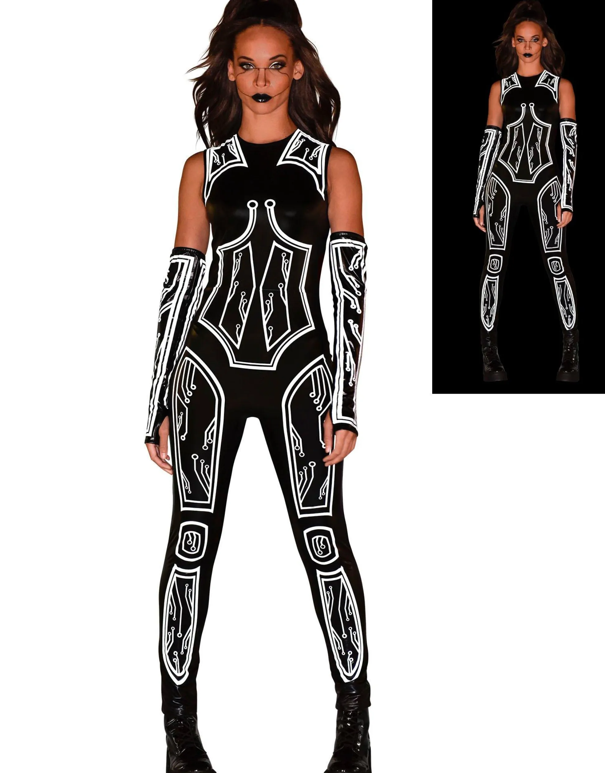 Best Adult Reflective Black Latex-Look Circuit Board Sleeveless Unitard Catsuit - Cyberpunk Bodywear