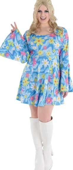 Best Sale Adult 60S Flower Print Plus Size Mini Dress Plus Size Costumes