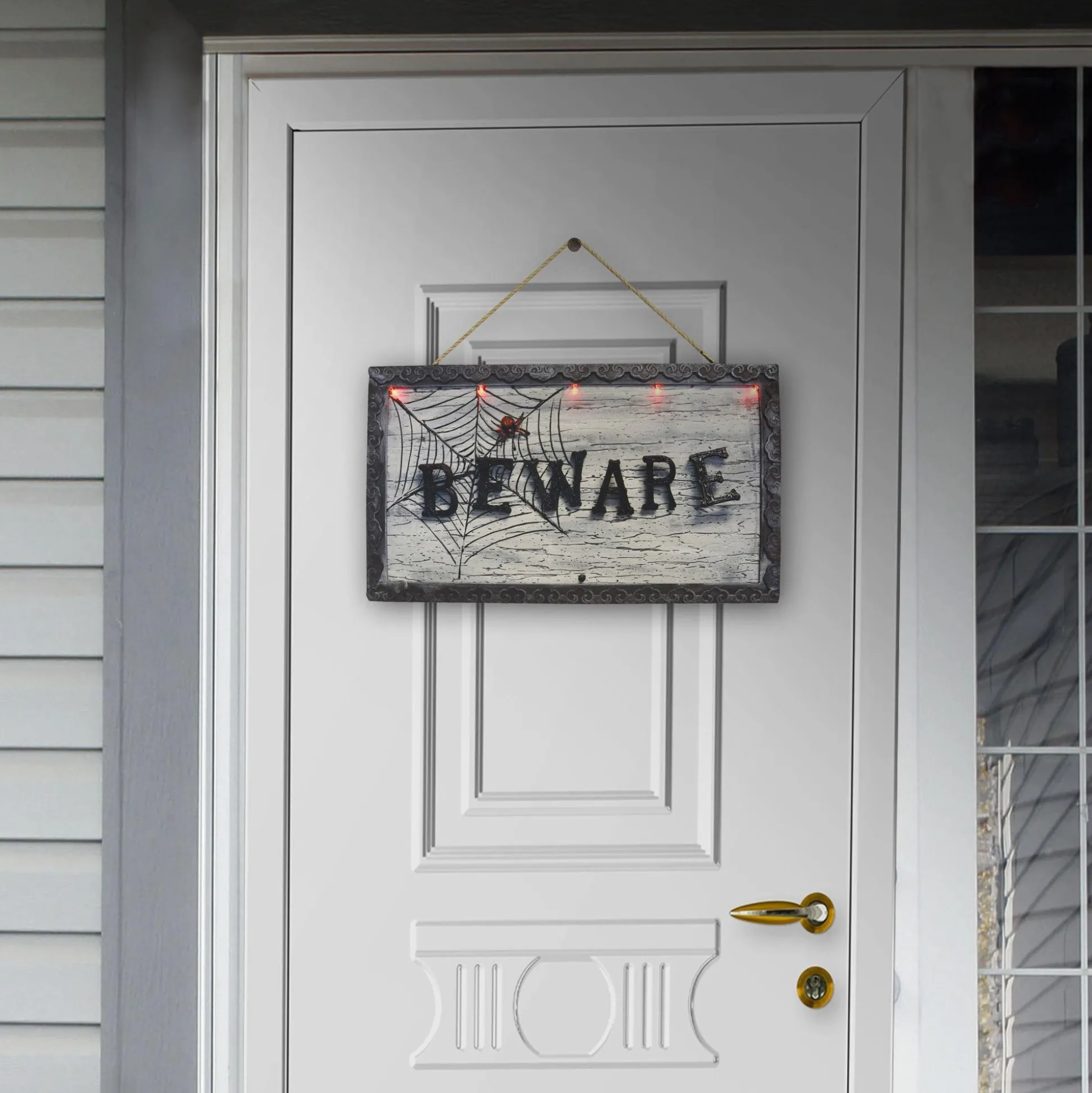 Party City Animatronic Light-Up Beware Plastic & Metal Sign, 18.5In X 10.6In - Halloween Decoration| Home Décor