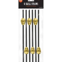 Party City Black & Metallic Gold Skull Straws 6Ct| Boneyard Glam