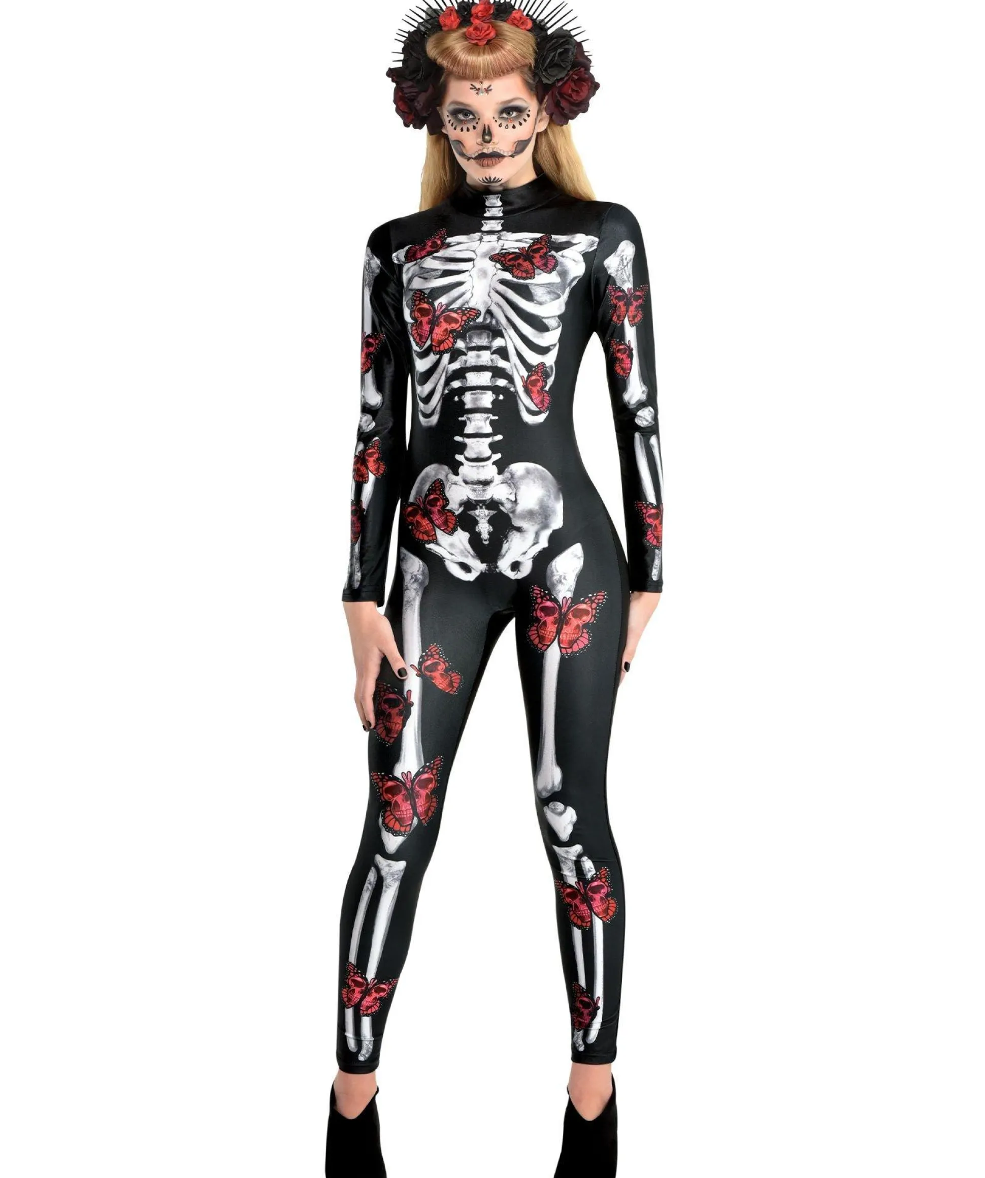 Online Black & Red Skeleton Catsuit With Butterflies For Adults - Day Of The Dead Bodywear