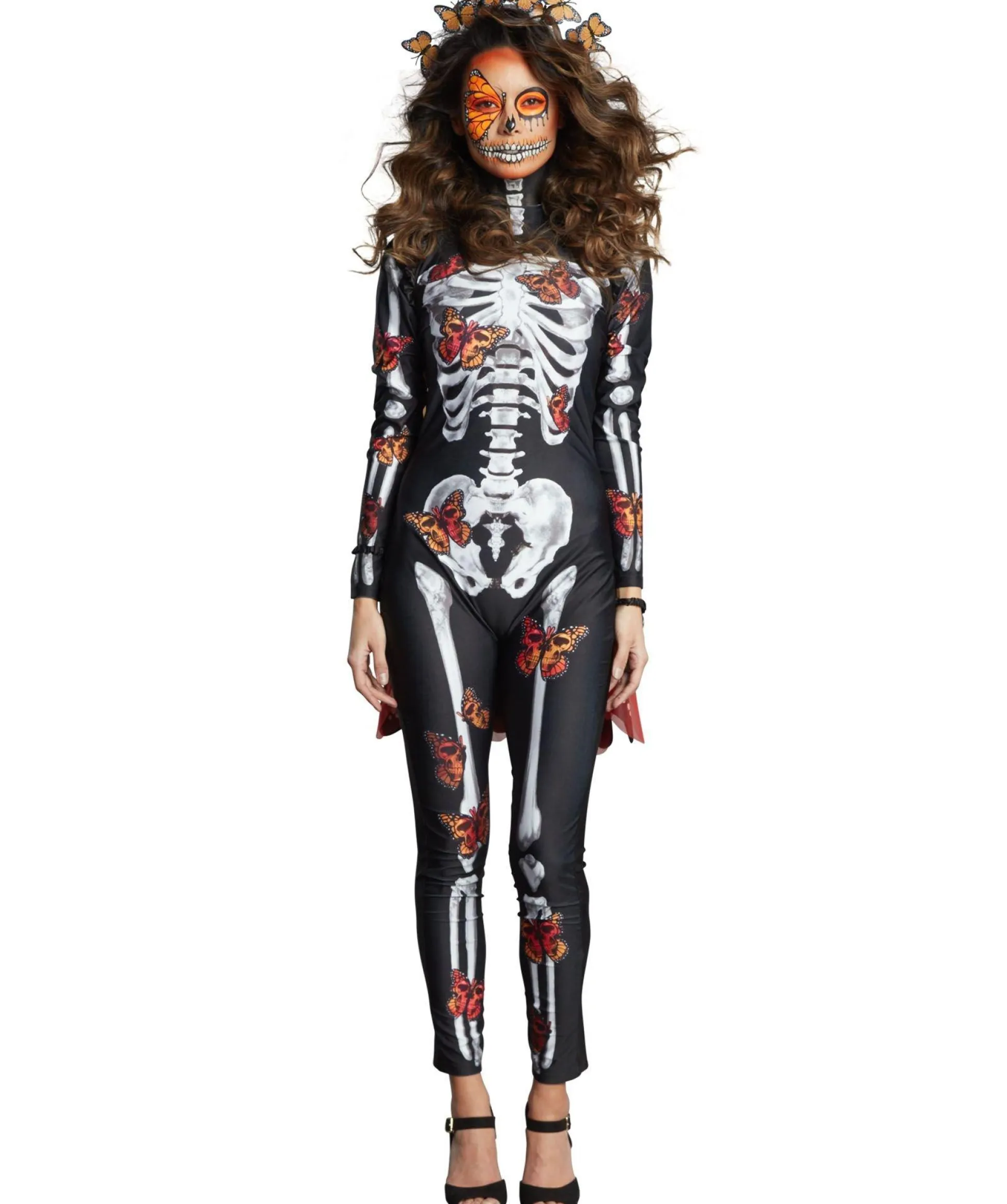 Online Black & Red Skeleton Catsuit With Butterflies For Adults - Day Of The Dead Bodywear