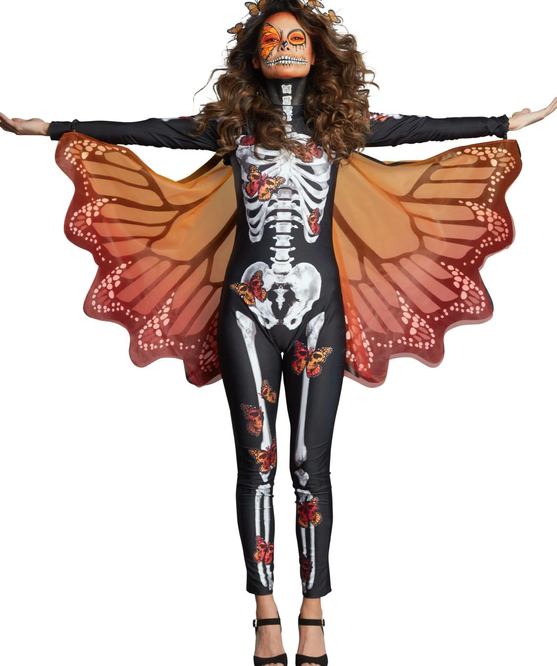 Online Black & Red Skeleton Catsuit With Butterflies For Adults - Day Of The Dead Bodywear