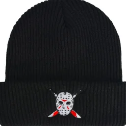 Best Sale Black Embroidered Jason Voorhees Mask Acrylic Ribbed Beanie - Friday The 13Th Hats