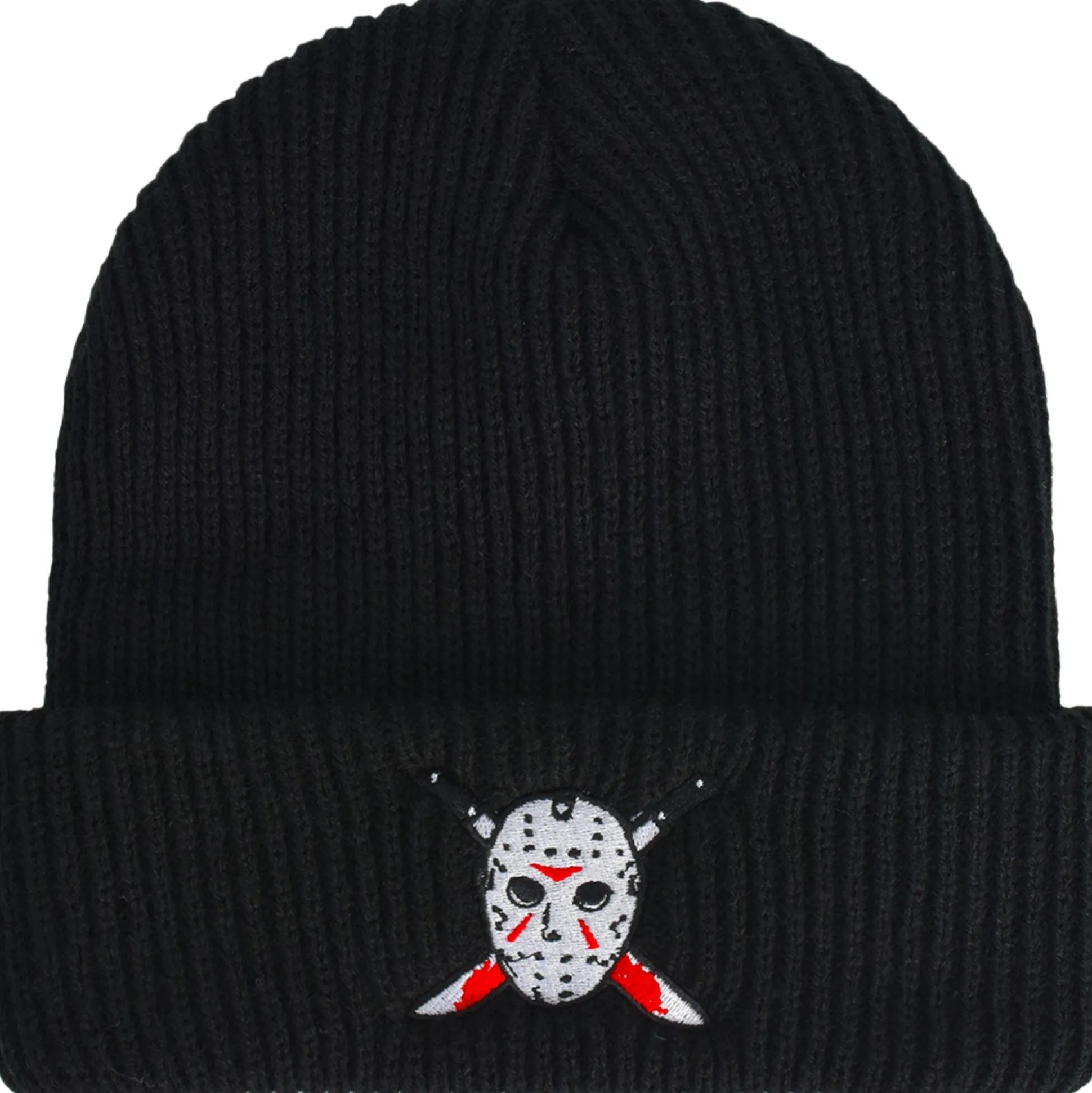 Best Sale Black Embroidered Jason Voorhees Mask Acrylic Ribbed Beanie - Friday The 13Th Hats