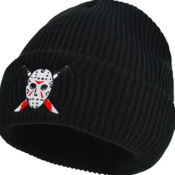 Best Sale Black Embroidered Jason Voorhees Mask Acrylic Ribbed Beanie - Friday The 13Th Hats