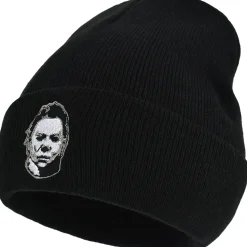 Shop Black Embroidered Michael Myers Mask Acrylic Knit Beanie - Halloween 2 Men Scary