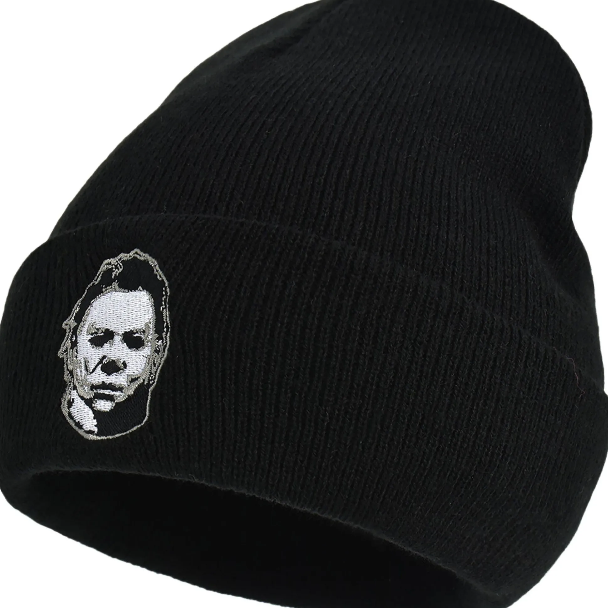 Shop Black Embroidered Michael Myers Mask Acrylic Knit Beanie - Halloween 2 Men Scary