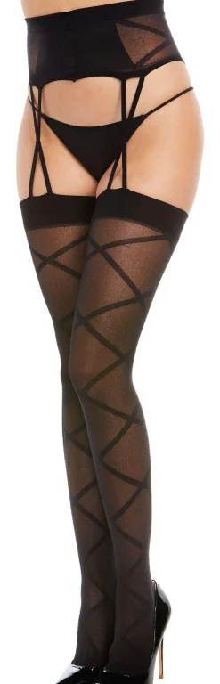 Best Sale Black Sheer Crisscross Pantyhose For Adults With Suspender Garter Tights