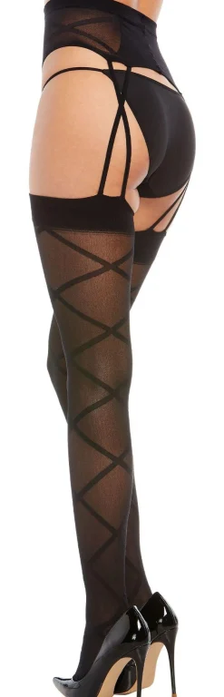 Best Sale Black Sheer Crisscross Pantyhose For Adults With Suspender Garter Tights