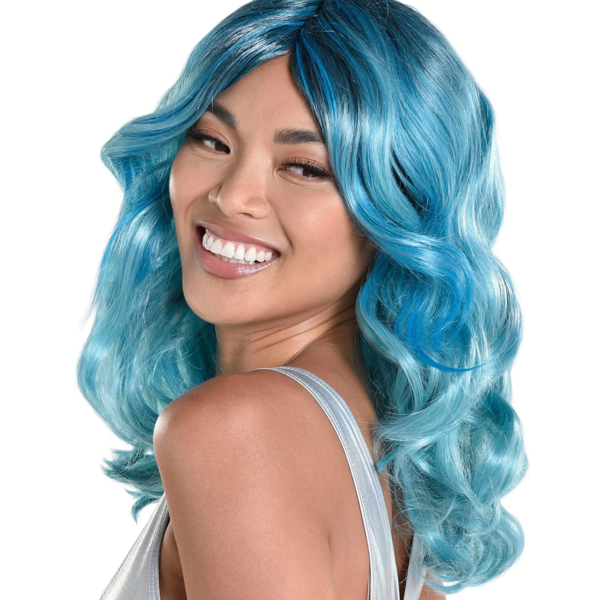 Clearance Blue Medium Length Curly Wig Wigs