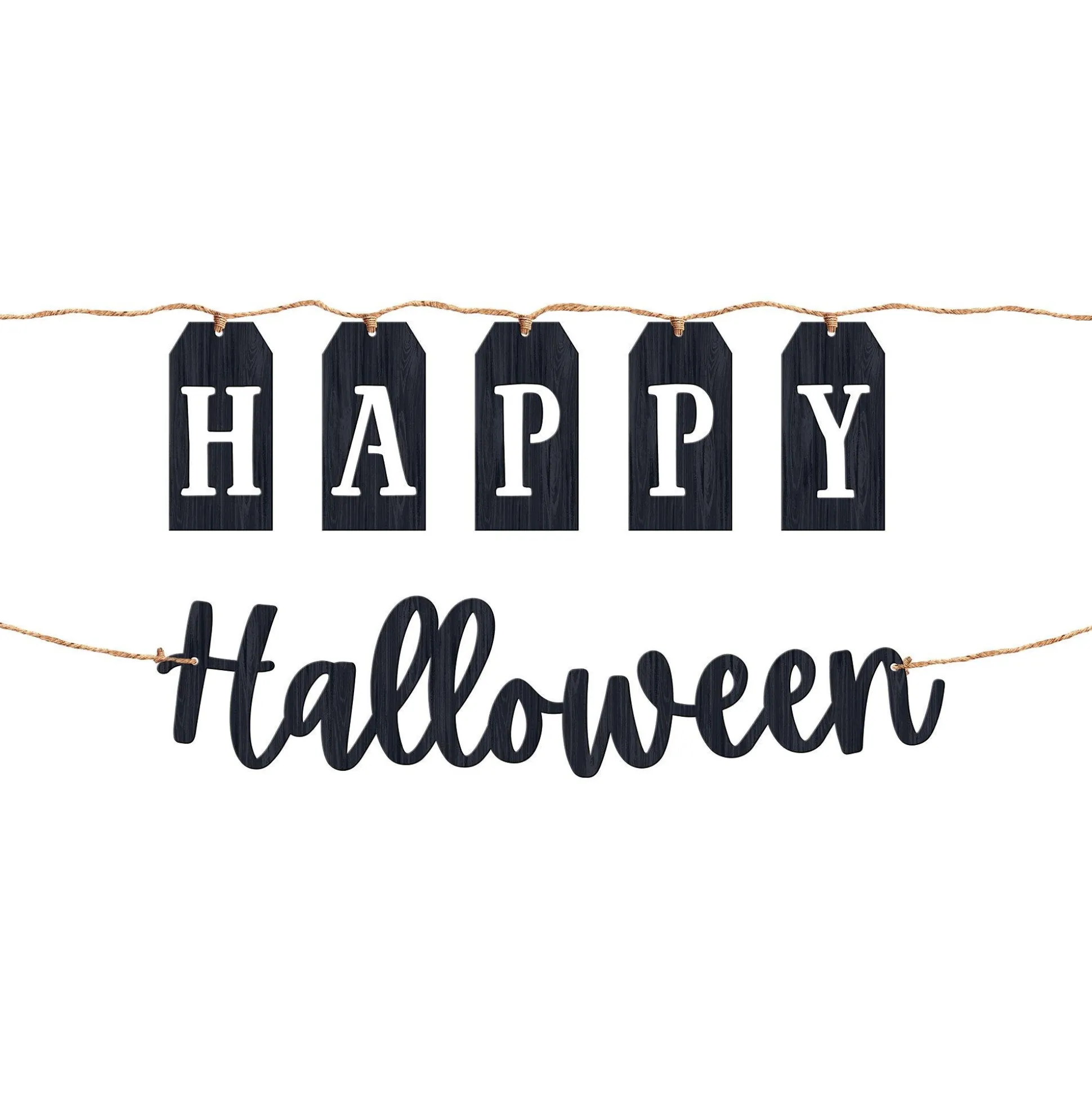 Party City Classic Black & White Happy Halloween Wood & Twine Banners, 6Ft, 2Ct| Decorations