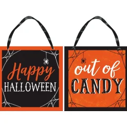 Party City Classic Orange & Black Halloween Out Of Candy Reversible Fiberboard Sign, 12In X 12In| Decorations