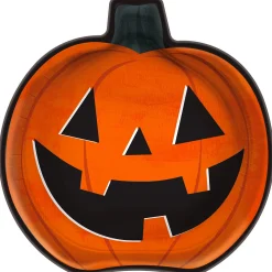 Party City Classic Orange & Black Pumpkin-Shaped Jack-O'-Lantern Paper Lunch Plates, 9In, 8Ct| Spooky Friends
