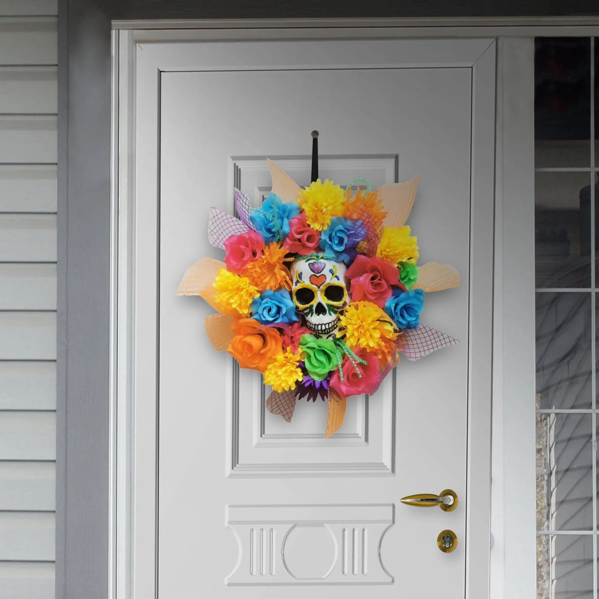 Party City Colorful Floral Calavera Day Of The Dead Wreath, 17In| Home Décor