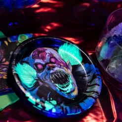 Party City Creepy Carnival Black Light Reactive Paper Dessert Plates, 6.75In, 20Ct| Creepy Carnival