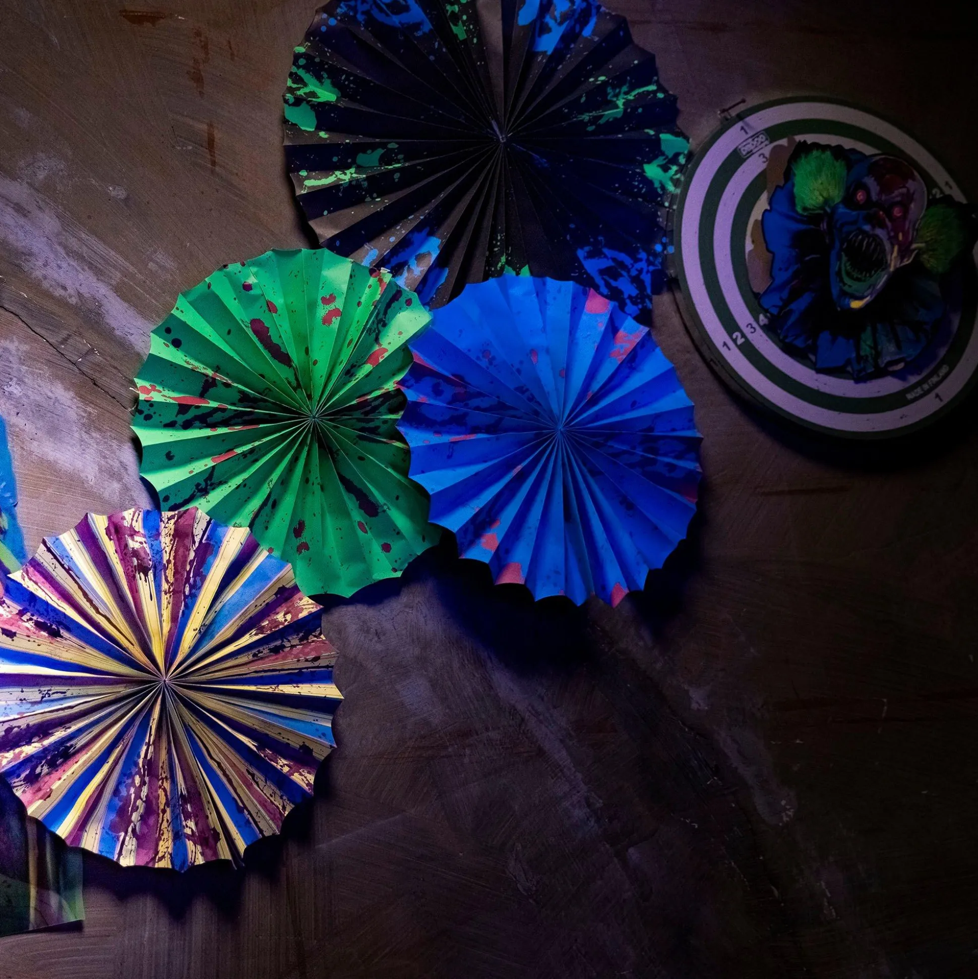 Party City Creepy Carnival Black Light Reactive Paper Fan Decorating Kit, 15Pc| Creepy Carnival