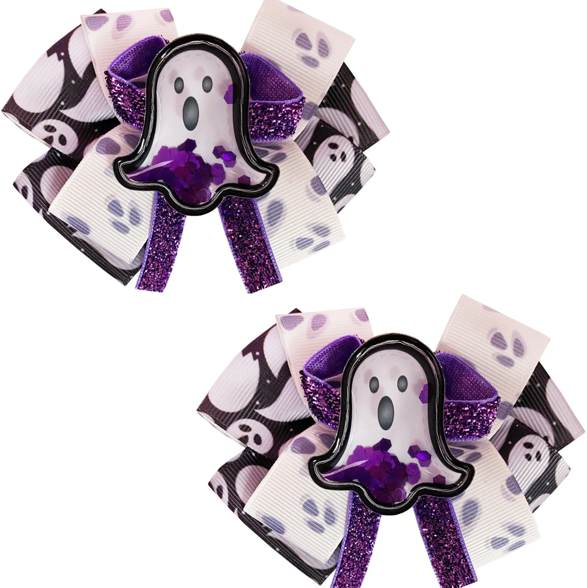 Hot Glitter Shaker Ghost Halloween Hair Bows, 2Ct Headbands, Tails