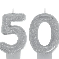 New Glitter Silver Number 50 Birthday Candles 2Ct Baking Supplies