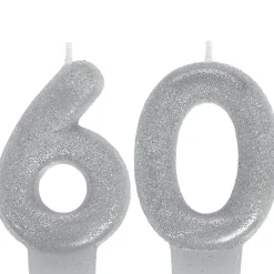 Cheap Glitter Silver Number 60 Birthday Candles 2Ct Baking Supplies