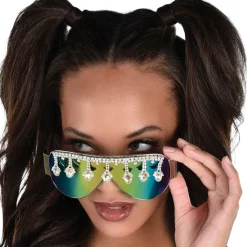 Discount Iridescent Mirrored Shield Sunglasses With Rhinestone Trim - Festival Glasses