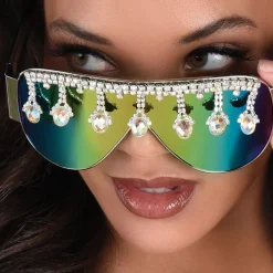 Discount Iridescent Mirrored Shield Sunglasses With Rhinestone Trim - Festival Glasses