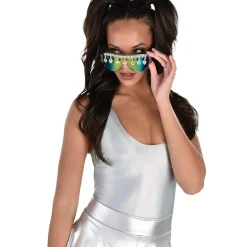 Discount Iridescent Mirrored Shield Sunglasses With Rhinestone Trim - Festival Glasses