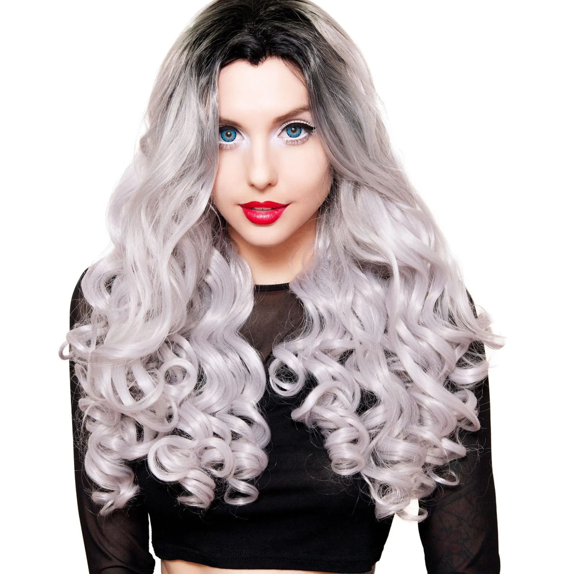 Cheap Lace Front Dark Roots Curly Silver Wig Wigs
