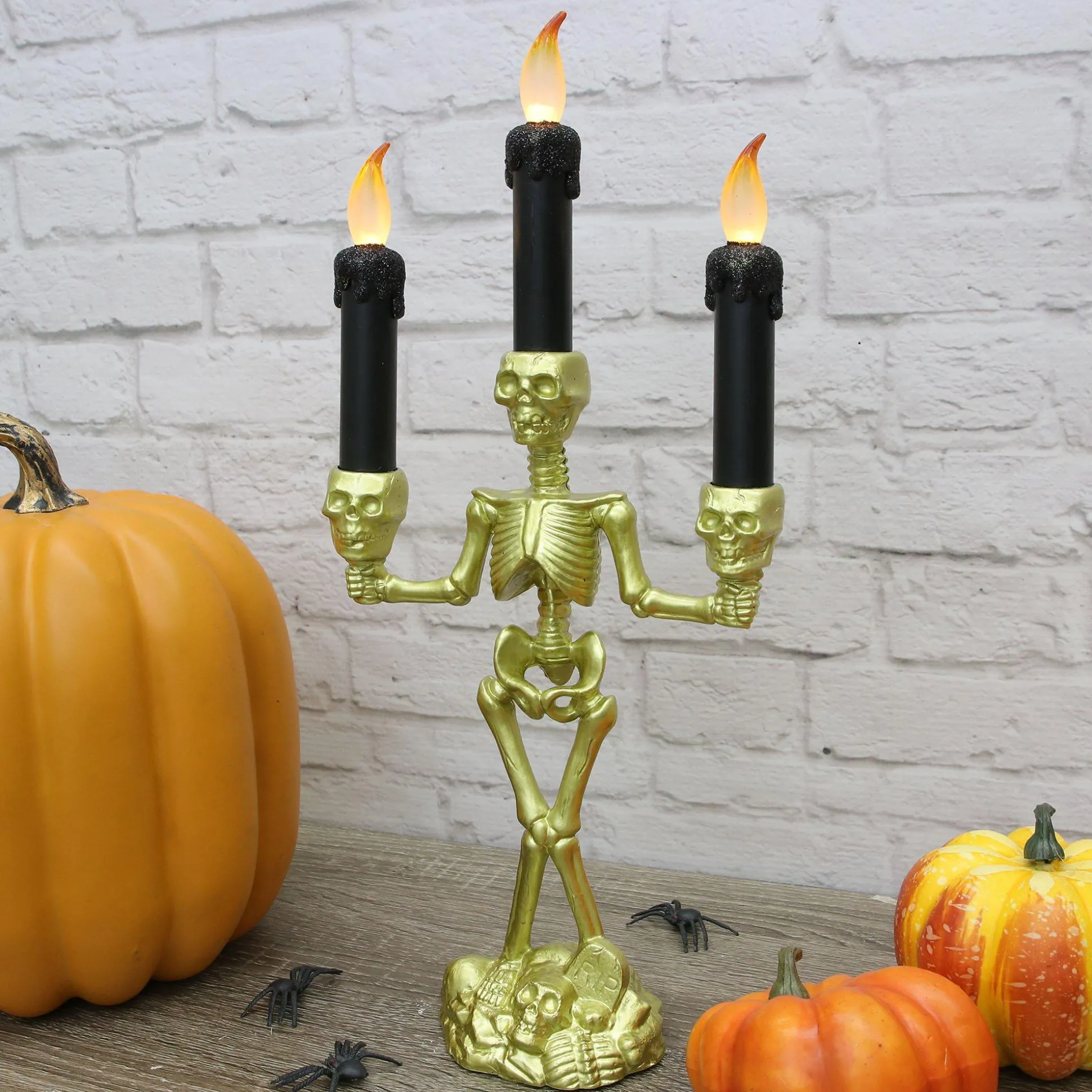 Party City Light-Up Gold Skeleton Plastic Candelabra, 6.3In X 14In| Boneyard Glam