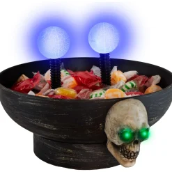 Party City Light-Up Motion-Activated Electrode Skull Halloween Plastic Candy Bowl With Sounds, 8.5In X 7In| Wicked Haunting