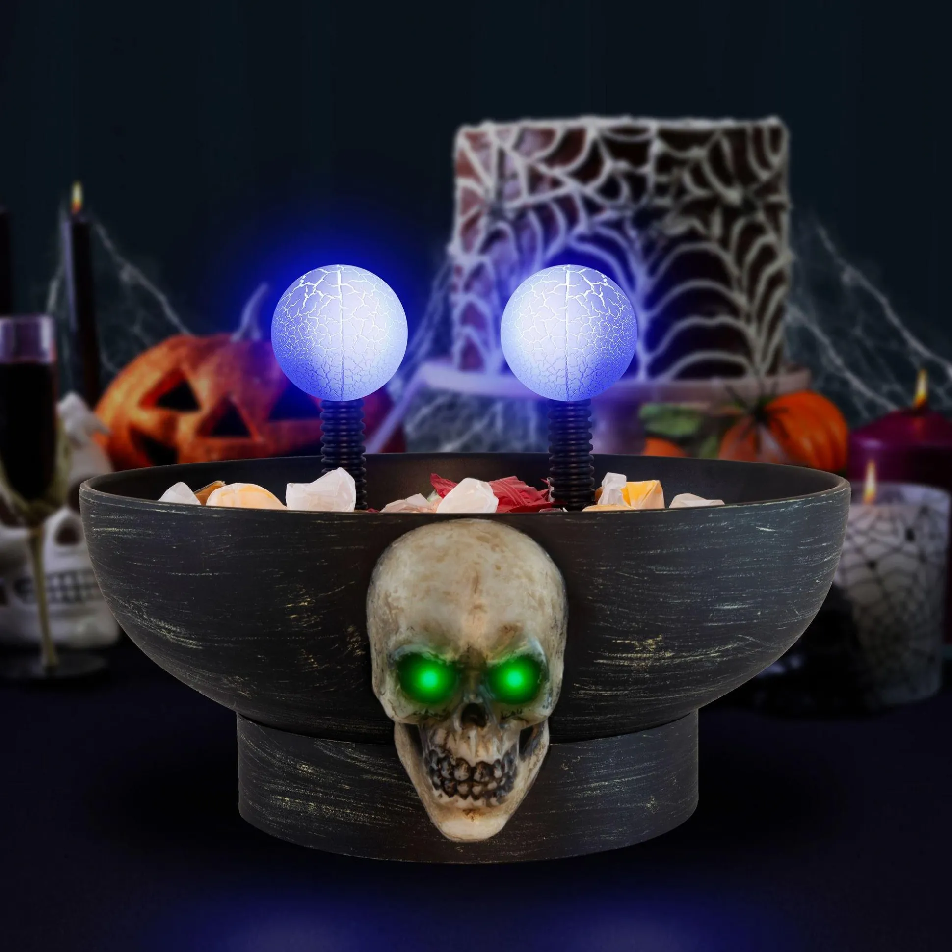 Party City Light-Up Motion-Activated Electrode Skull Halloween Plastic Candy Bowl With Sounds, 8.5In X 7In| Wicked Haunting