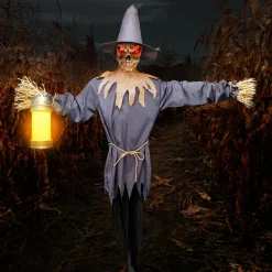 Party City Light-Up Motion-Activated Scarecrow & Lantern Plastic & Fabric Yard Stake With Sounds, 7.8Ft| Animatronics