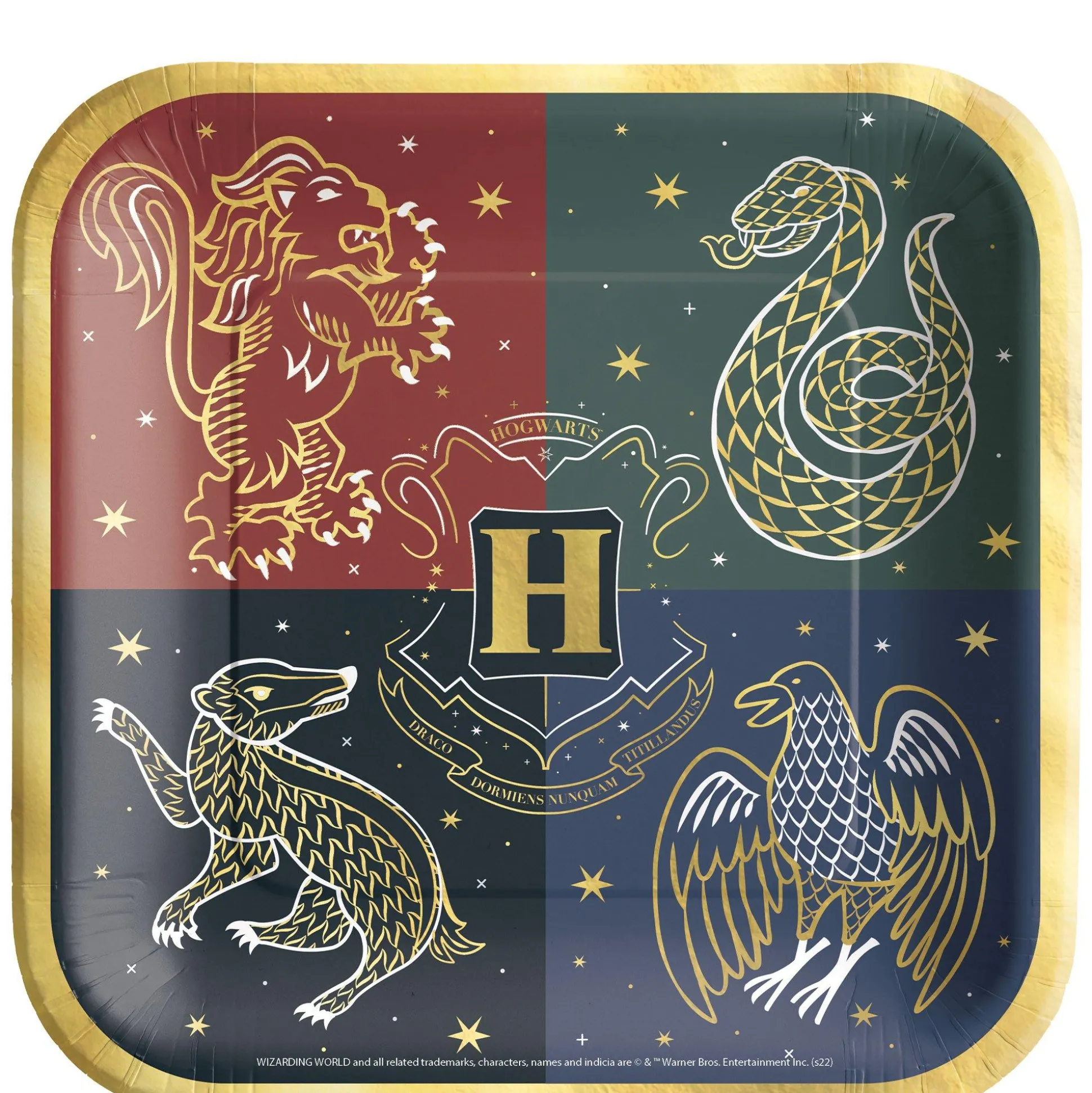 Party City Metallic Hogwarts United Square Paper Lunch Plates, 9In, 8Ct - Harry Potter| Harry Potter Hogwarts