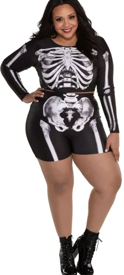 Clearance Plus Size Skeleton Crop Top & Biker Shorts Set For Adults Plus Size Costumes