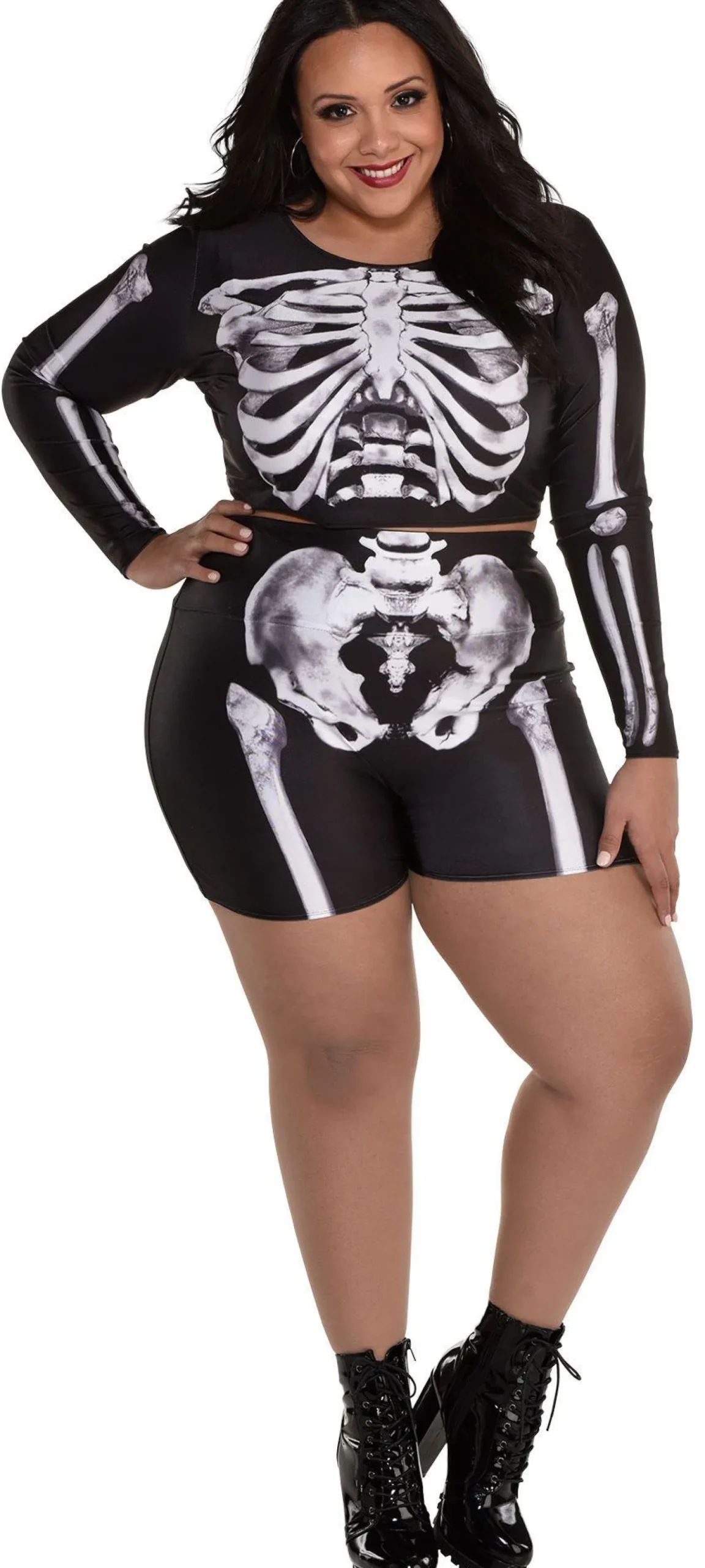 Clearance Plus Size Skeleton Crop Top & Biker Shorts Set For Adults Plus Size Costumes