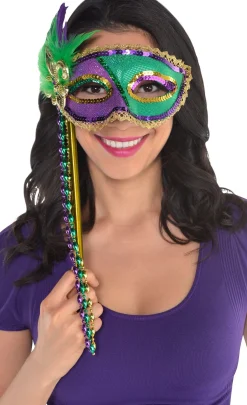 Cheap Sequin Mardi Gras Masquerade Mask On A Stick Masquerade