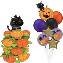 Party City Stackerz Black Cat & Pumpkins & Happy Halloween Balloon Bouquet, 9Pc| Balloons