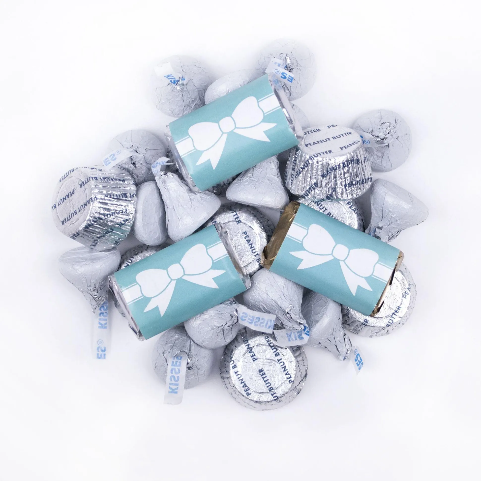 Best Sale Wedding Tiffany Bow Miniatures, Kisses And Jc Peanut Butter Cups 180Pc Candy Buffet By Color